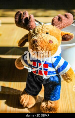 Adorable jouet doux orignal avec drapeau norvégien et chemise bleue à l'intérieur de Hemsedal. Banque D'Images