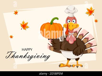 Carte de vœux du jour de Thanksgiving. Drôle personnage de dessin animé Thanksgiving dinde Bird chef tenant la citrouille. Illustration vectorielle Illustration de Vecteur
