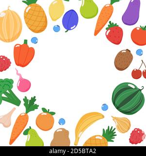 Cadre fruits et légumes avec espace de copie, illustration vectorielle de style plat Illustration de Vecteur