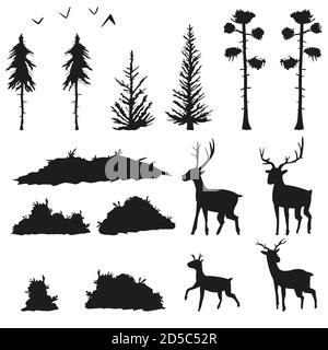 Silhouettes noires de pins, d'épinette, de buissons, d'herbe, de cerfs et d'oiseaux. Vector Set icônes plates des arbres forestiers et des animaux isolés sur fond blanc. Illustration de Vecteur