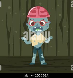Déguisement pour enfants d'Halloween de zombies avec des cerveaux sur fond abstrait. Personnage de dessin animé vectoriel pour les vacances et la fête. Illustration de Vecteur
