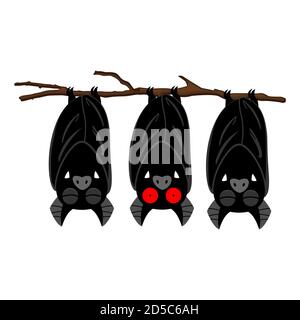 Trois chauves-souris pendent sur la branche. Personnage de dessin animé Vector Halloween isolé sur fond blanc. Illustration de Vecteur