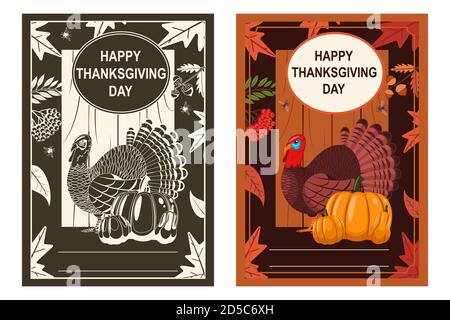 Bonne affiche du jour de Thanksgiving avec oiseau de dinde, citrouille et feuilles d'automne. Jeu d'illustrations vectorielles. Illustration de Vecteur