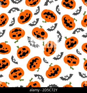 Motif vectoriel sans couture pour citrouilles et chauves-souris d'Halloween sur fond blanc pour le papier peint, l'emballage, l'emballage et la toile de fond. Illustration de Vecteur