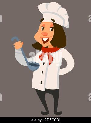 Femme chef tenant une louche. Caractère souriant dans un style de dessin animé. Illustration de Vecteur