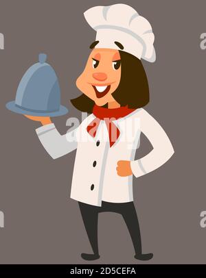 Chef féminin proposant un délicieux plat. Caractère souriant dans un style de dessin animé. Illustration de Vecteur