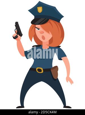 Femme policier tenant un pistolet. Beau personnage de style dessin animé. Illustration de Vecteur