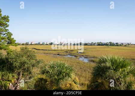 Les marais marécageux salants abritent de nombreuses espèces migratrices et offrent une vue imprenable ici sur les îles marines de Caroline du Sud. Banque D'Images