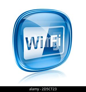 ICÔNE WI-FI en verre bleu, isolée sur fond blanc Banque D'Images