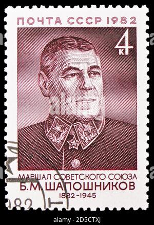 MOSCOU, RUSSIE - 28 SEPTEMBRE 2020 : timbre-poste imprimé en Union soviétique consacré au centenaire de la naissance de B.M. Shaposhnikov (1882-1945), Militar soviétique Banque D'Images