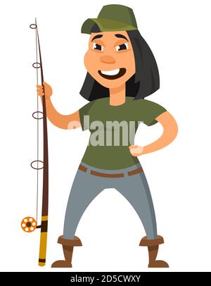 Vue sur le front de mer des pêcheurs souriants. Personnage féminin de style dessin animé. Illustration de Vecteur