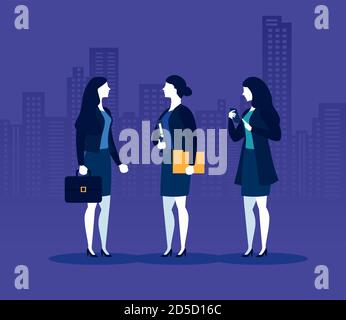 Femmes d'affaires avec une valise et un smartphone en face de la ville conception vectorielle de bâtiments Illustration de Vecteur