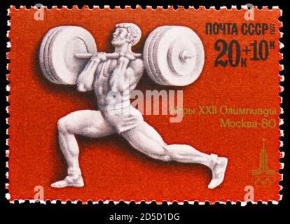 MOSCOU, RUSSIE - 28 SEPTEMBRE 2020 : timbre-poste imprimé en Union soviétique montre la musculation, Jeux Olympiques d'été 1980 - série Moscou (II), vers 1 Banque D'Images