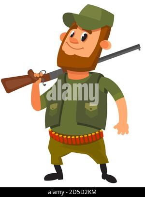 Hunter tenant le fusil sur son épaule. Personnage masculin de style dessin animé. Illustration de Vecteur