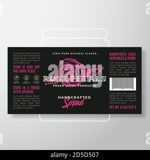 Modèle d'étiquette de tartiner ou de confiture de fruits fait à la main. Résumé Vector Packaging Design Layout. Banderole moderne en Typographie avec fleur de pétales de rose dessinés à la main Illustration de Vecteur