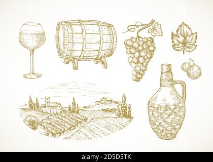 Ensemble d'esquisses Vector Wine ou Vineyard. Illustrations dessinées à la main de verre, fût ou tonneau, branche de raisin, bouteille d'osier et ferme rurale ou cave de vinification Illustration de Vecteur