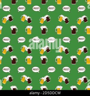 Bière de l'Oktoberfest et tasses de bière noire et discours de bulle prost motif sans couture sur fond vert Illustration de Vecteur