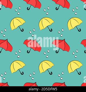 Parasols rouges et jaunes ouverts motif d'illustration vectoriel sans couture activé arrière-plan bleu Illustration de Vecteur