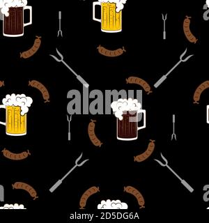 Tasses à bière Oktoberfest et motif de bratwurst sans couture sur fond noir Illustration de Vecteur