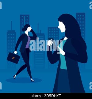 Femmes d'affaires avec valise et smartphone devant les bâtiments de la ville conception vectorielle Illustration de Vecteur