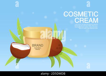 Cosmétiques beauté.Premium crème d'huile de noix de coco soins de la peau.modèle pour la bannière de conception.maquette de l'emballage cosmétique. Illustration de Vecteur