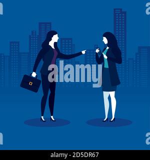 Femmes d'affaires avec valise et smartphone devant les bâtiments de la ville conception vectorielle Illustration de Vecteur