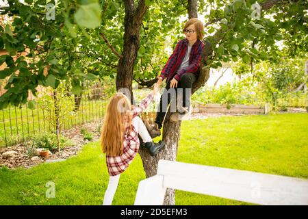 Imprudence. Frère heureux et sœur jouant dans un jardin à l'extérieur ensemble. Amour, famille, style de vie, récolte, concept d'automne. Gai, sain et charmant. Alimentation biologique, agriculture, jardinage. Banque D'Images