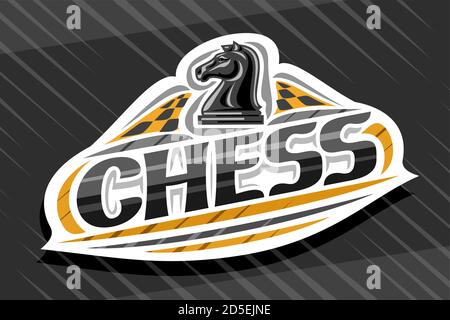 Logo vectoriel pour Chess Sport, emblème blanc moderne avec illustration du chevalier d'échecs sur l'échiquier, lettrage unique pour le mot noir d'échecs, signe sportif W Illustration de Vecteur