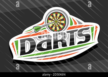 Logo Vector pour Darts Sport, emblème blanc moderne avec illustration de la flèche des fléchettes volantes dans la cible, lettrage unique pour les fléchettes à mot noir, signe sportif Illustration de Vecteur