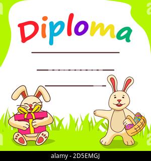 Modèle de diplôme pour les enfants.lapin personnage de dessin animé avec des cadeaux et lapin de pâques avec des œufs. Illustration de Vecteur