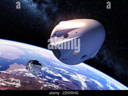 Séparation du module de descente d'un vaisseau spatial privé sur Arrière-plan de la Terre Banque D'Images