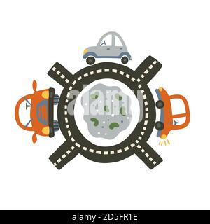 Voitures sur une tige près du lac, illustration vectorielle pour les modèles de chemise et de chambre de bébé garçon. Un véhicule mignon sur une affiche de voyage. Carte auto pour enfant. Illustration de Vecteur