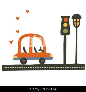 Illustration vecteur voiture pour les modèles de chemise et de chambre de bébé garçon. Véhicule mignon en forme de coeur, feu de circulation et latern sur une affiche de voyage de route. Carte auto pour enfant. Illustration de Vecteur