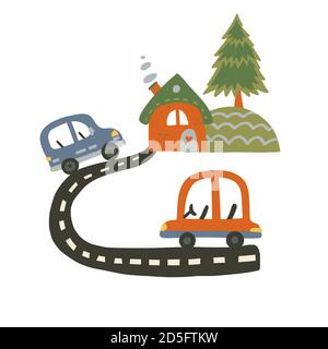 Illustration vectorielle de voiture et de maison pour les modèles de chemise et de chambre de bébé garçon. Véhicule mignon sur une route, affiche de voyage en ville. Carte auto pour enfant. Illustration de Vecteur