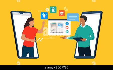 Étudiant et professeur se connectant en ligne un à un sur leurs smartphones, apprentissage à distance et concept de cours en ligne Illustration de Vecteur