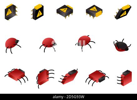 Jeu d'icônes isométriques de bogue d'ordinateur isolé sur blanc. Les symboles du virus numérique et de la démangeaison. Illustration du concept de danger de données vectorielles. Illustration de Vecteur