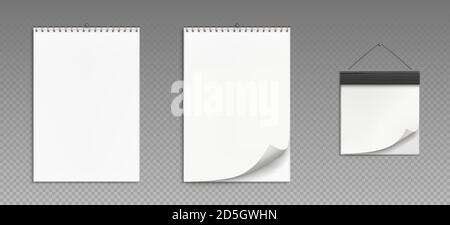 Calendriers muraux avec cadre en spirale et en bois isolé sur fond transparent. Maquette vectorielle réaliste d'un calendrier détachable, d'un planificateur de bureau en papier blanc ou d'un bloc-notes accroché au mur Illustration de Vecteur
