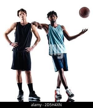 Deux joueurs de basket-ball hommes isolés dans l'ombre silhouette sur fond blanc Banque D'Images
