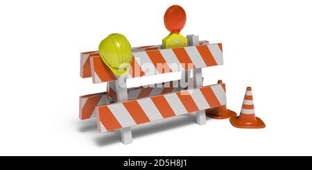Concept d'équipement d'avertissement pour travaux routiers, travaux d'entretien des routes. Barrières de circulation et lumière clignotante isolée sur fond blanc. illustration 3d Banque D'Images