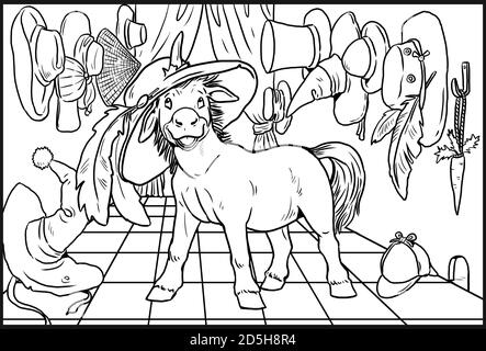 UNICORN drôle en faisant des achats de coloriage. Page de coloriage pour les enfants et les amateurs de chevaux. Banque D'Images