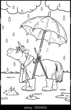 licorne drôle sous la pluie pour colorier. Page de coloriage pour les amateurs de chevaux. Banque D'Images