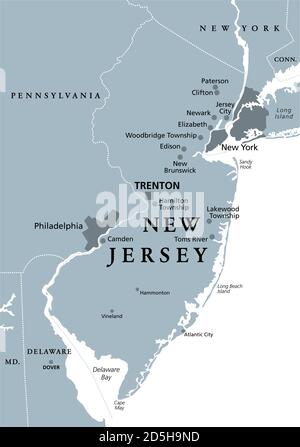 New Jersey, NJ, carte politique grise avec la capitale Trenton. Dans la région du centre de l'Atlantique du nord-est des États-Unis d'Amérique. Banque D'Images