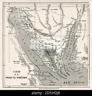 Ancienne carte de la péninsule du Sinaï, Égypte. Vieux XIX siècle gravé de voyages dans le Sinaï le Tour du monde 1864 Banque D'Images