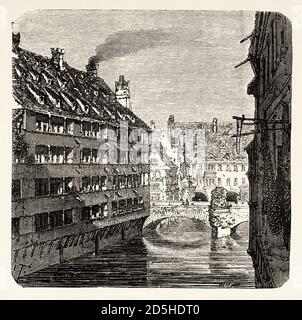 Vue panoramique sur le pont au-dessus de la rivière Pegnitz dans la vieille ville de Nuremberg, Bavière. Allemagne. Vieux XIX siècle dessin gravé de Voyage à Nuremberg le Tour du monde 1864 Banque D'Images