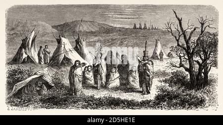 Camp de Sioux Indians, Nebraska, États-Unis. Vieux XIX siècle gravé de Voyage au Nebraska le Tour du monde 1864 Banque D'Images
