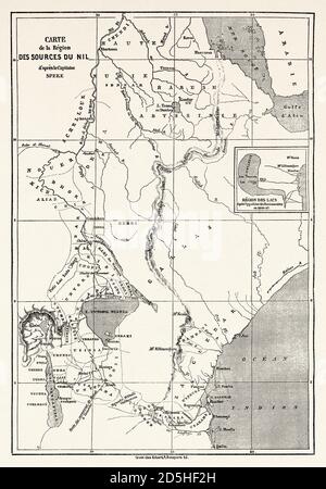 Ancienne carte de la région des sources du Nil, Afrique. Vieux XIX siècle gravé du Tour du monde 1864 Banque D'Images