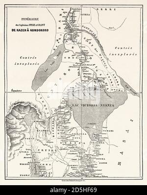 Ancienne carte des explorateurs Speke et Grant itinéraire de Kazeh à Gondokoro, Afrique. Vieux XIX siècle gravé du Tour du monde 1864 Banque D'Images