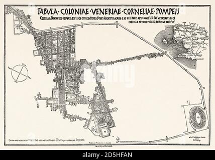 Vieux plan de Pompéi, Italie, Europe. Vieux XIXe siècle gravé de Pompéi et Pompeiians par Marco Monnier, le Tour du monde 1864 Banque D'Images