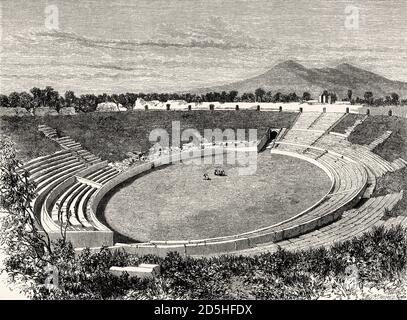 Amphithéâtre romain de Pompéi, Campanie, Italie, Europe. Vieux XIXe siècle gravé de Pompéi et Pompeiians par Marco Monnier, le Tour du monde 1864 Banque D'Images