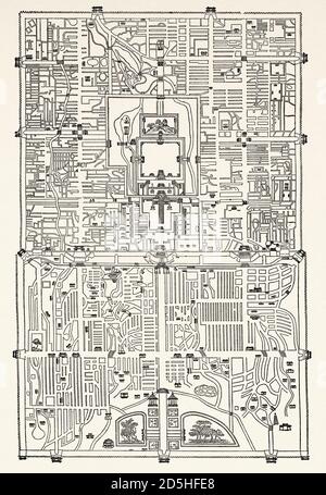 Vieux plan de Pékin, Chine. Vieux XIX siècle gravé du Tour du monde 1864 Banque D'Images
